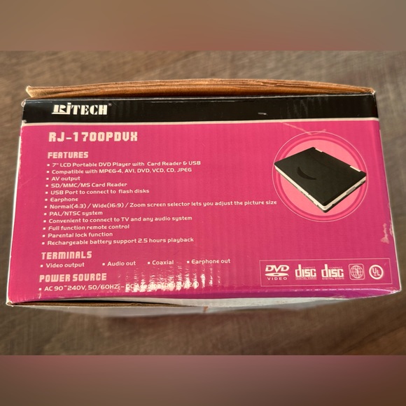 2007 RjTECH RJ-1700PDVX 7" Portable DVD MPEG4 Player w/ Card Reader & USB - Picture 10 of 12